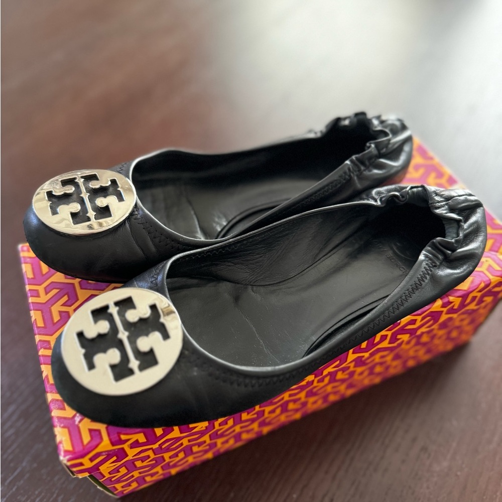 Black Tory Burch Reva Ballet Flats with Silver Logo